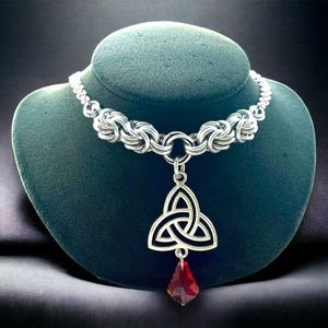 Handmade maille choker necklace celtic knot with dangly red austrian crystal